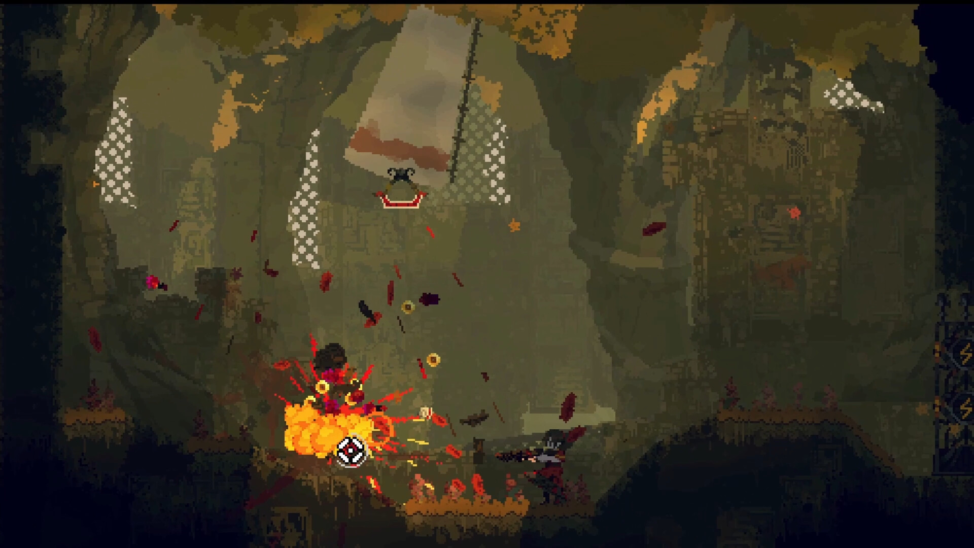 Nel metroidvania col rampino Iron Bramble si vola per trenta secondi, poi si muore per un ripensamento 3 Una sala della megastruttura di Iron Bramble, con la protagonista appesa al rampino sopra il vuoto