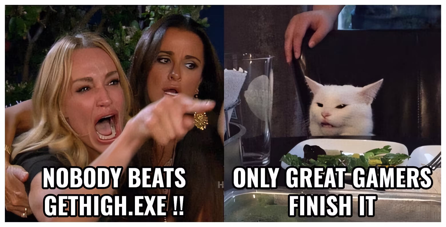 Woman yelling at a cat - Woman: Nobody beats GetHigh.EXE, Cat: Only Great Gamers Finish it