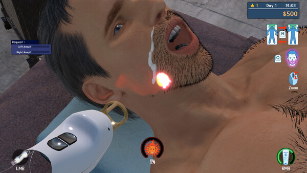 Screenshot of Hair Removal Salon Simulator gameplay showing in-action mechanics