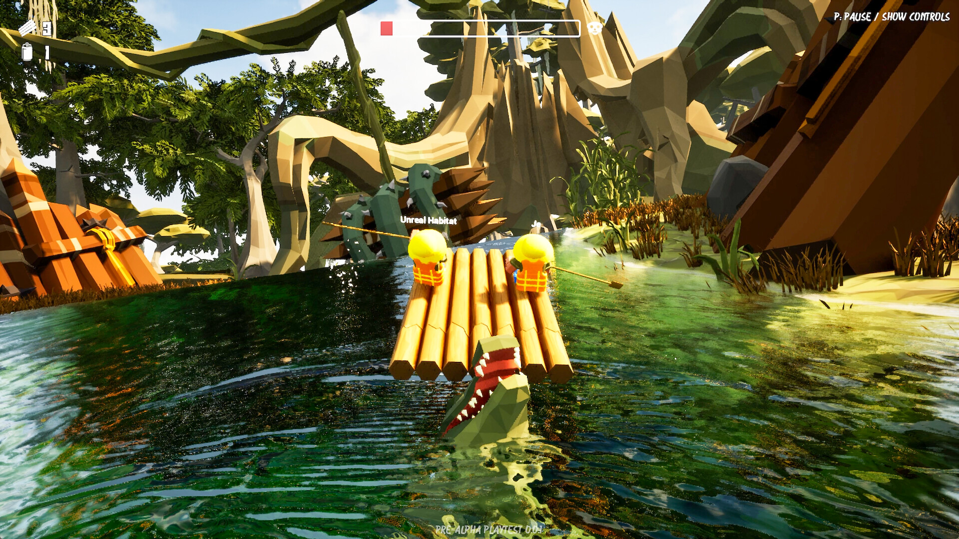 River Drift raft taking damage from rocks in a canyon biome