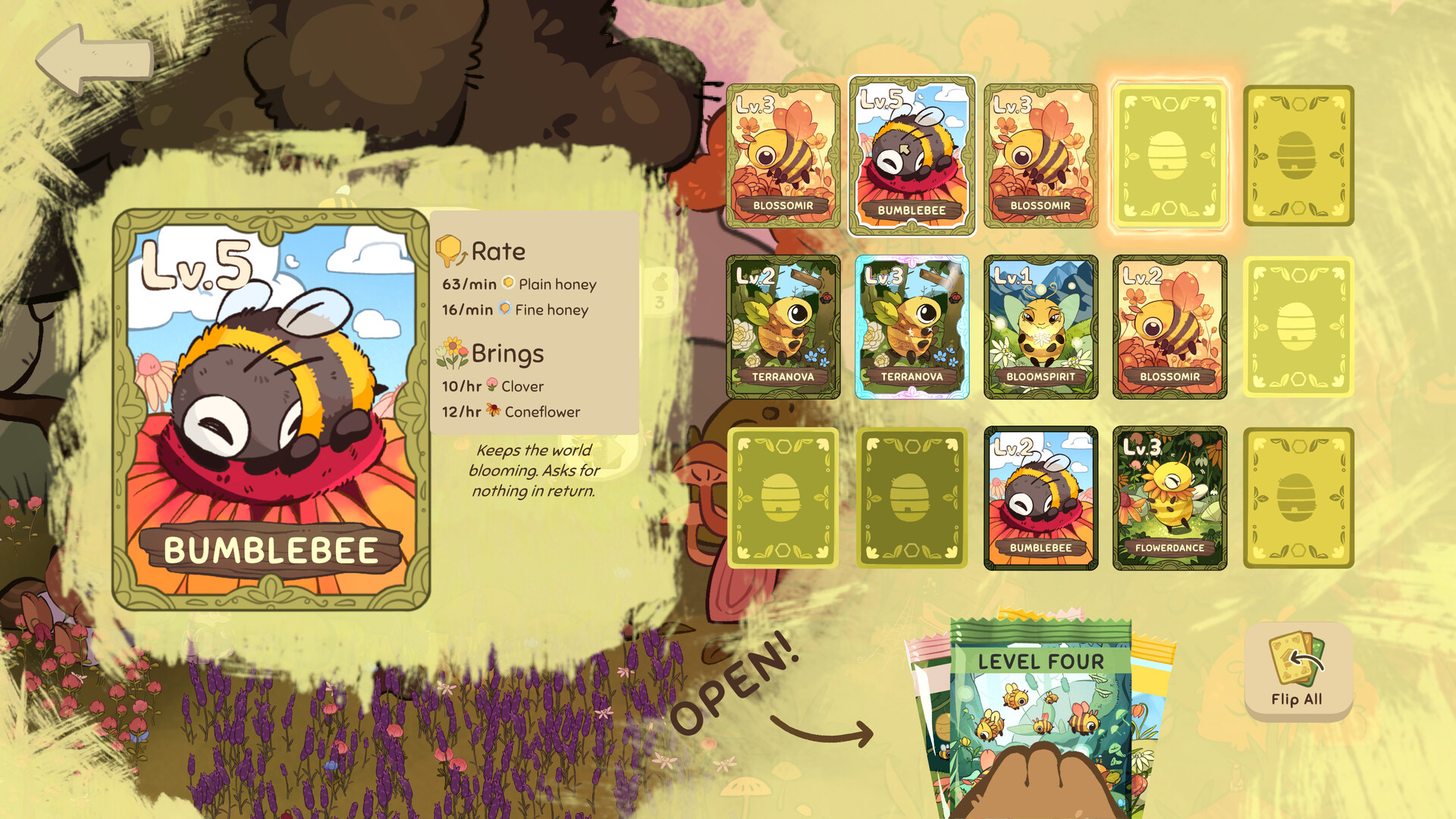 Official Bottled by Bears screenshot: a bee pack opening screen with a big level 5 Bumblebee card on the left and a grid of bee cards named Blossomir, Terranova, Bloomspirit and Flowerdance on the right, with a bear paw holding a Level Four pack (Steam)