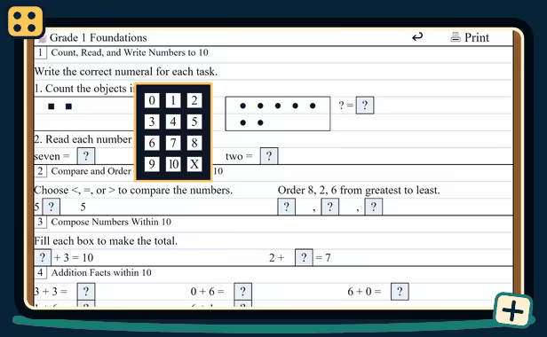Grade 1 and Grade 2 worksheets show illustrated math problems, answer choices, and step-by-step solutions.