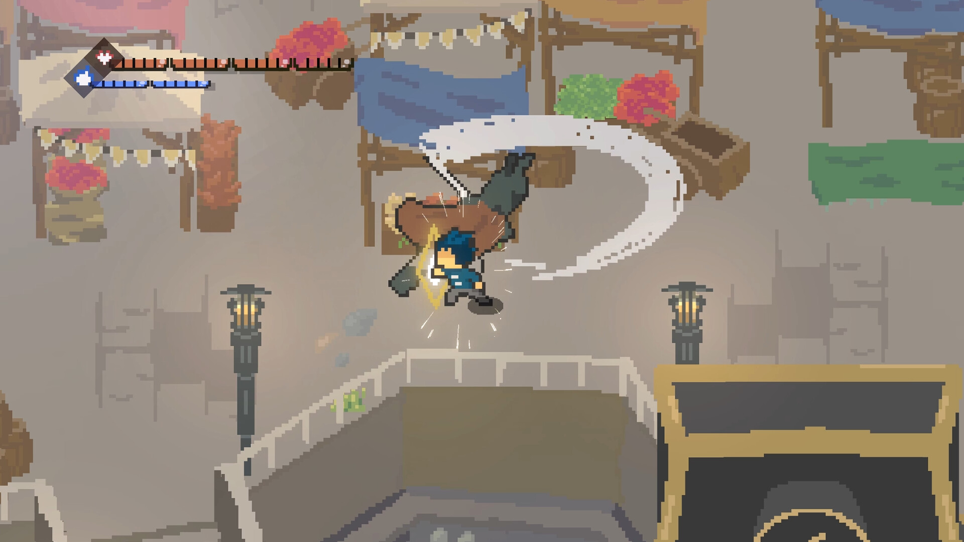 『繁栄の書』のアクション画面。ドット絵の市場の通りで、主人公が剣を大きく振り抜いている