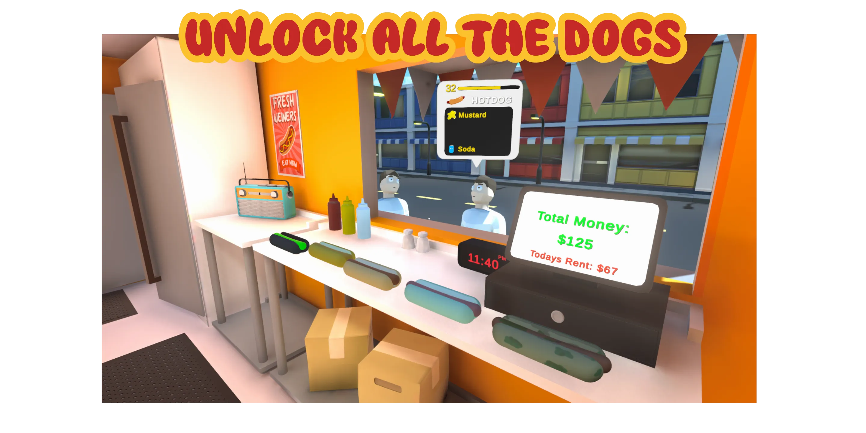 Unlock all the hotdogs in the game and serve the impatient customers at the front! Make sure to make enough money for rent.