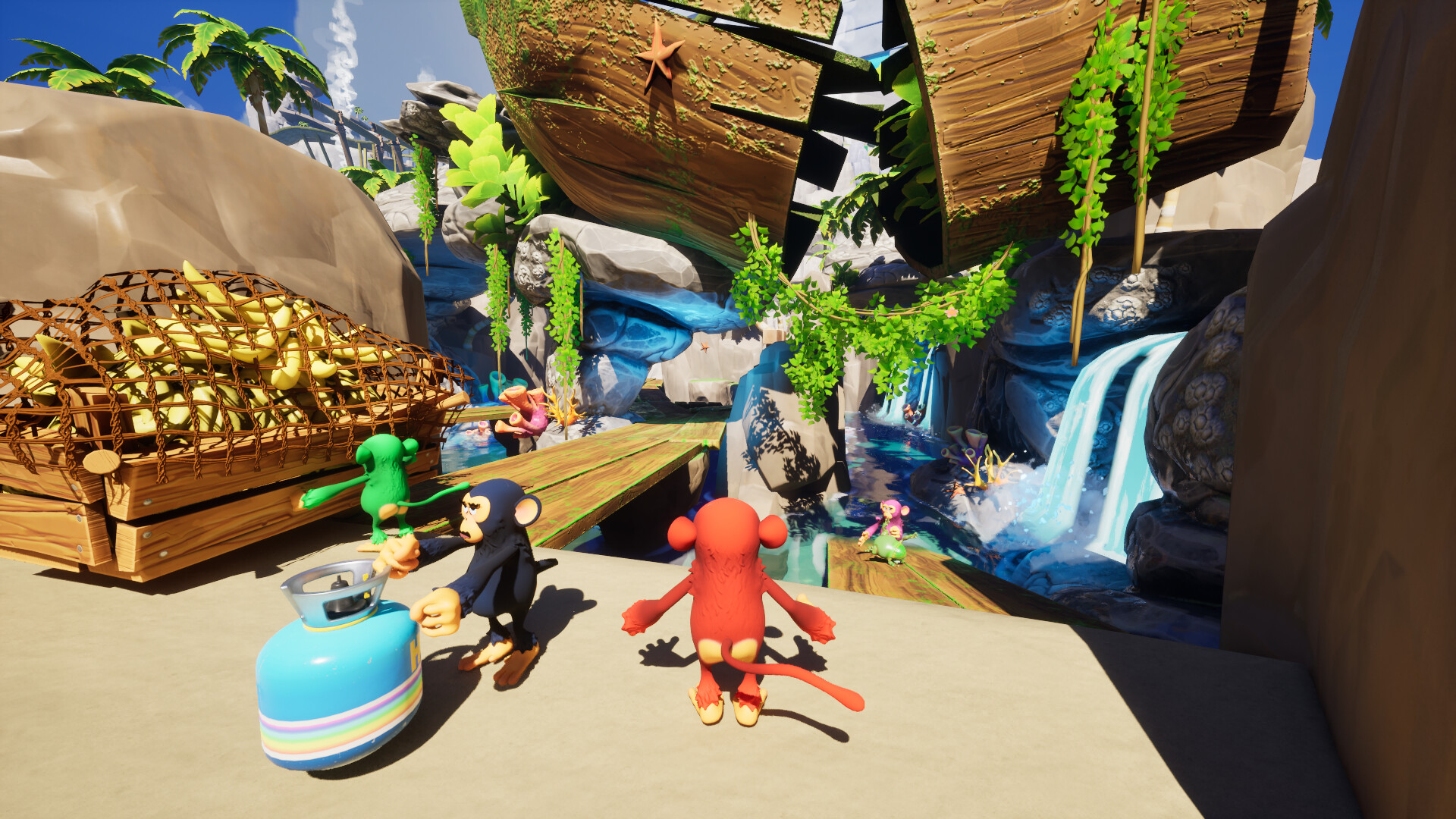 Escenario tropical con plataformas y carrito de plátanos