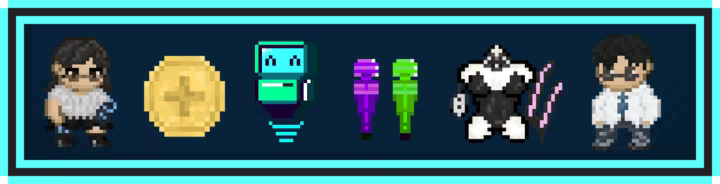 A wide frame showing assets from the game. From left to right: a female customer npc with a cybernetic arm and leg, a gold coin icon, a blue floating robot, two vibrators, a mannequin with bunny girl lingerie, and a male customer npc with glasses and ripped jeans.