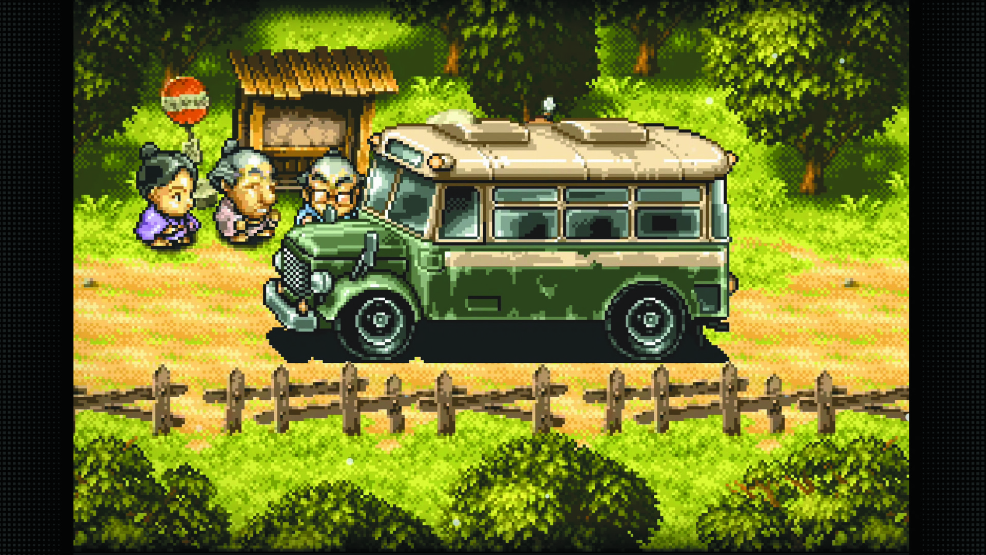 『妖怪バスター ナビ之介』のゲーム画面。和風の背景にドット絵のキャラクターが描かれている