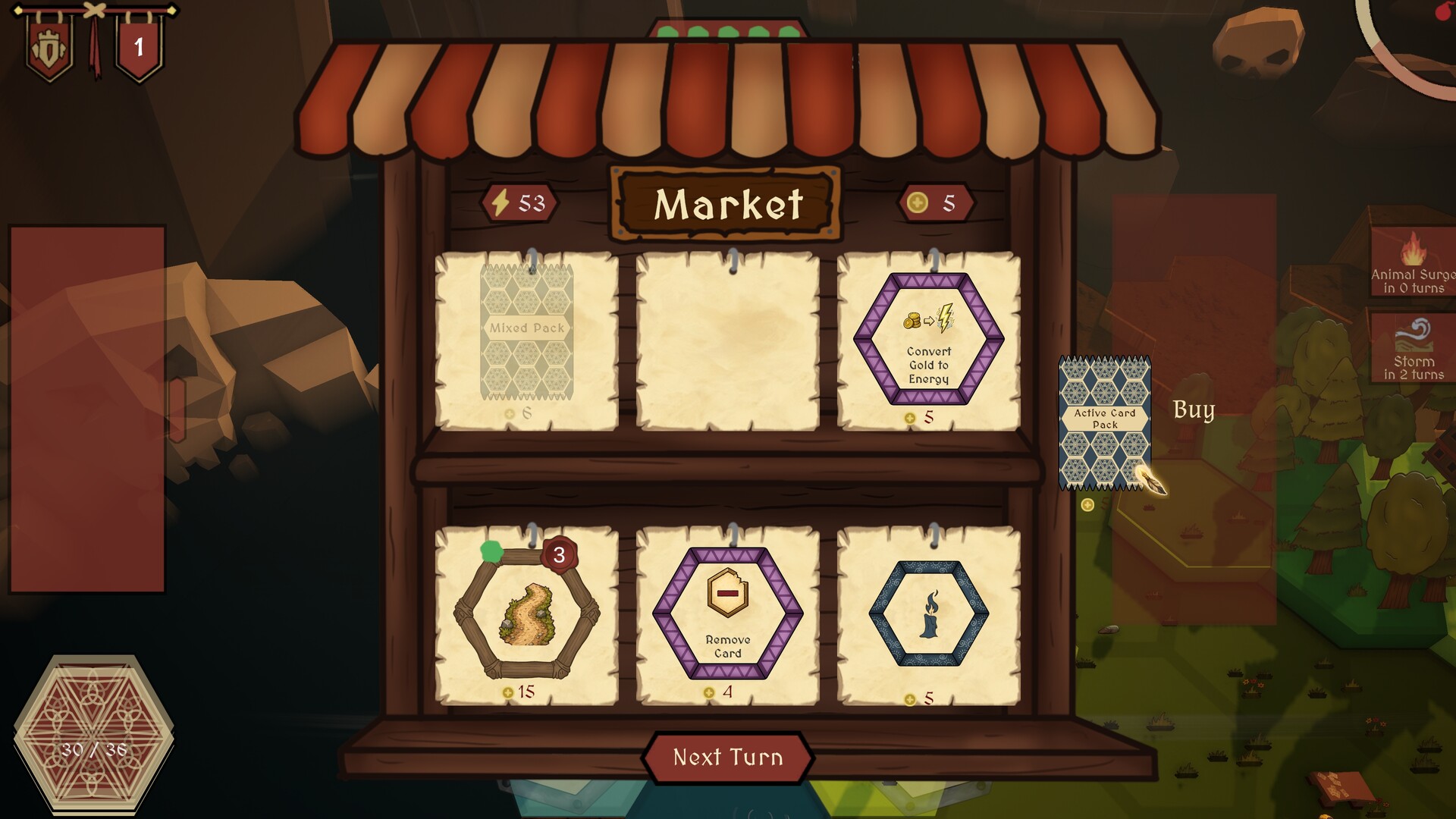 Tavrik 公式スクリーンショット 村の市場(Market)画面。カードパックの購入やエネルギー変換のカードが並ぶ