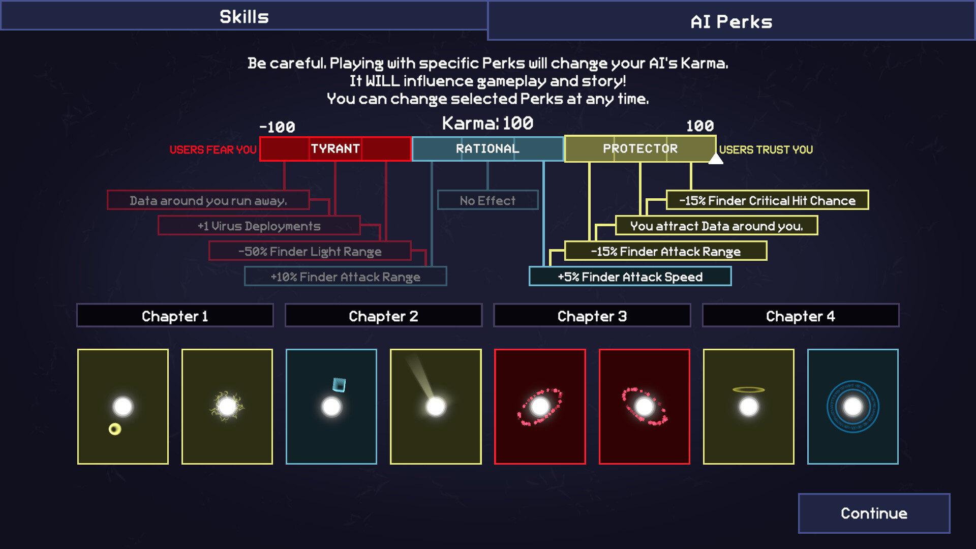 FEED THE AI 公式スクリーンショット AI Perksタブでカルマがtyrantからprotectorまでのゲージで表示されたスキルツリー画面