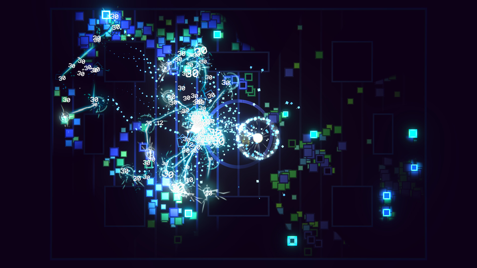 FEED THE AI 公式スクリーンショット 暗いネットワーク空間で数値付きの立方体データを収集する探索画面