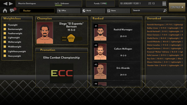 Screenshot of Elite MMA Manager gameplay showing in-action mechanics