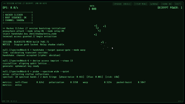 Screenshot of Hacker Clicker gameplay showing in-action mechanics