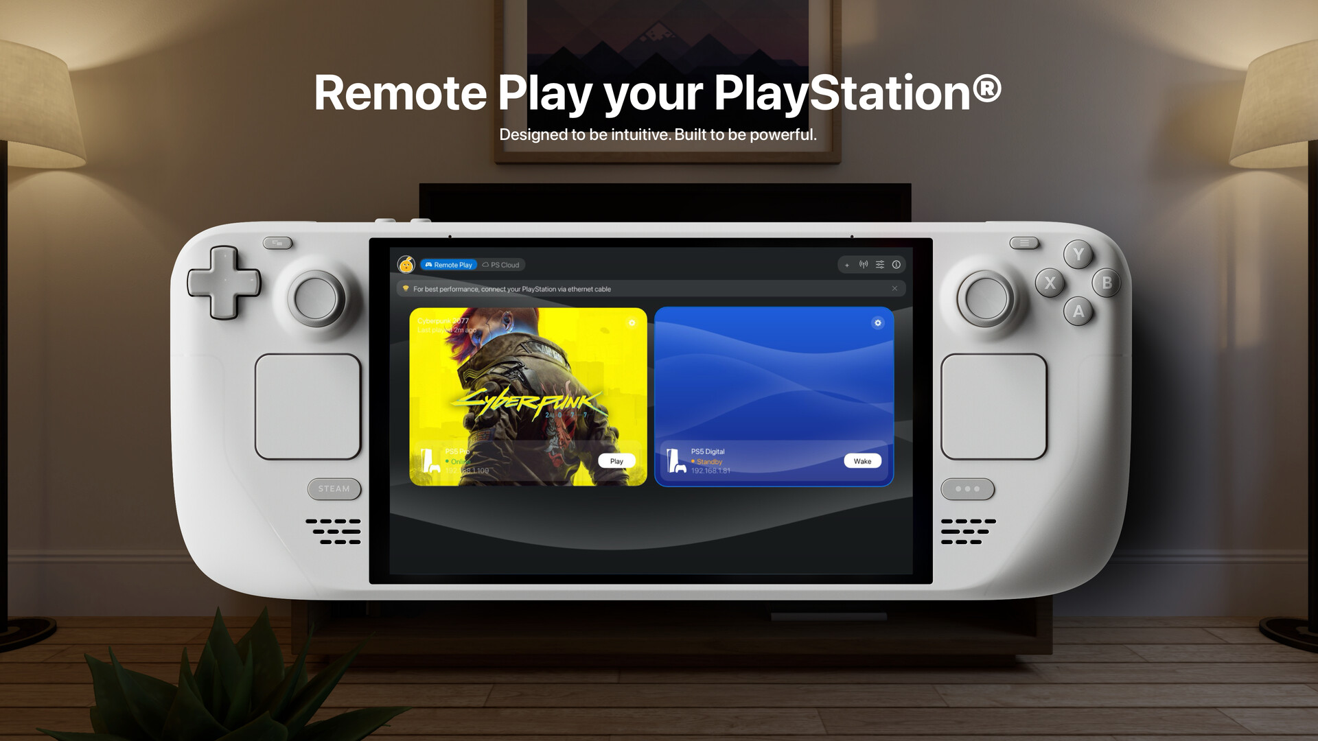 Asobi Remote Play exibindo Remote Play e conexão com PS5 no Steam Deck