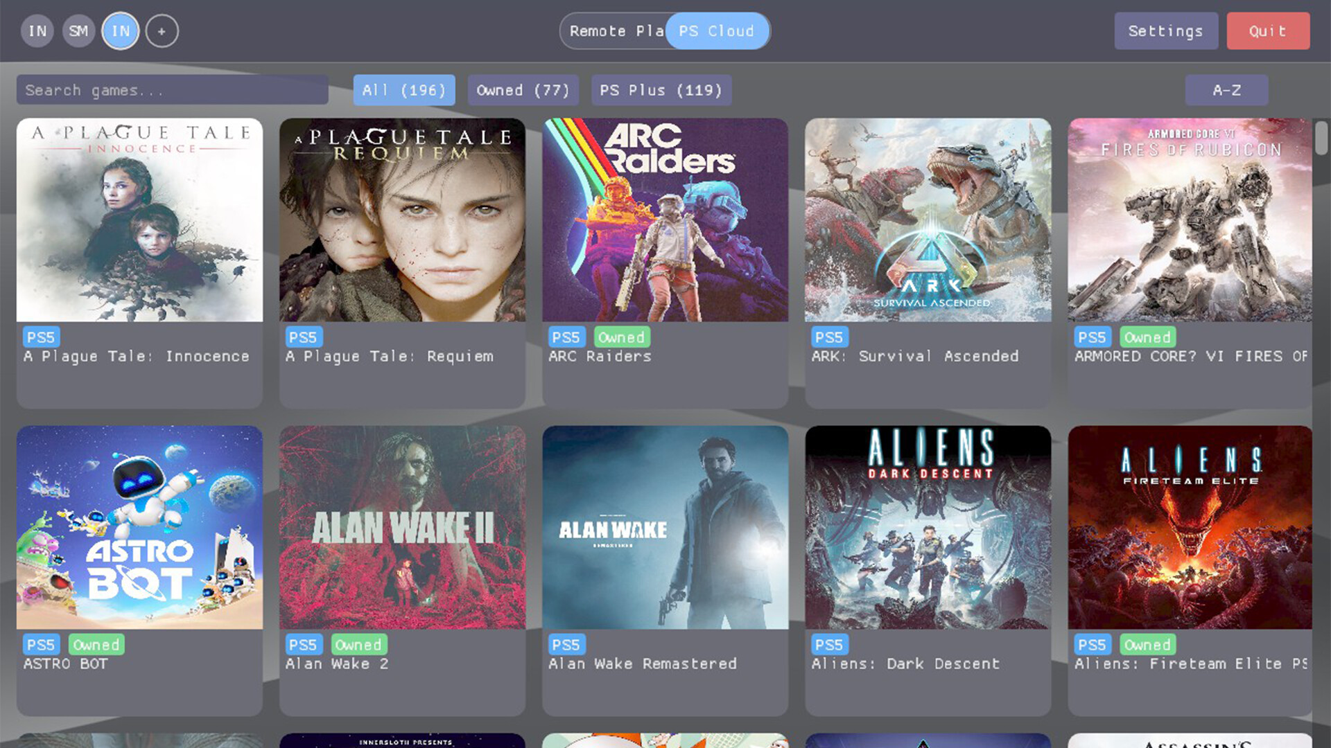 Asobi Remote Play mostrando biblioteca de jogos PlayStation na aba PS Cloud
