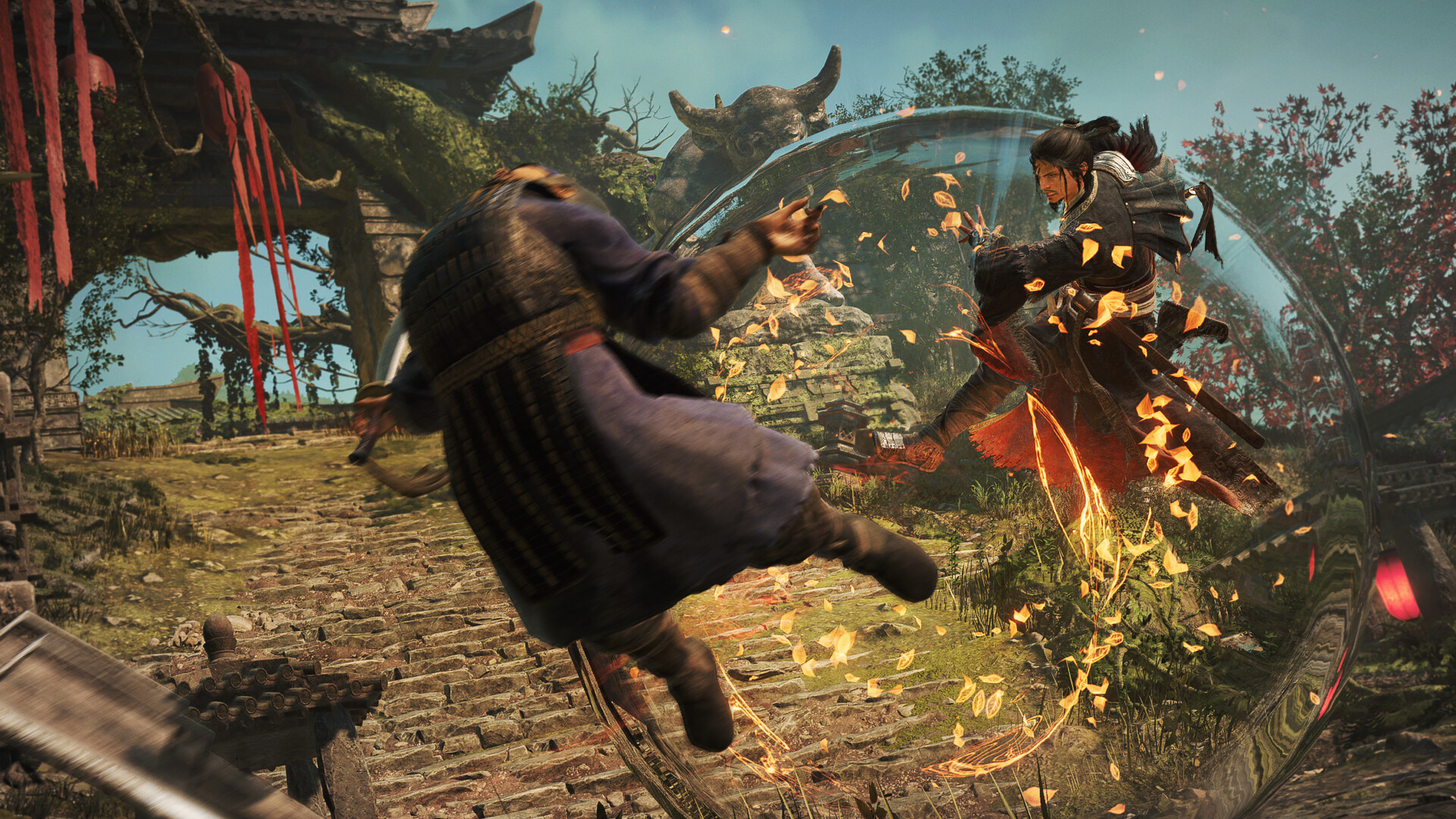 Wo Long 2 leans harder into deflects and counters, with the deflect window visualised as an expanding ring of force.