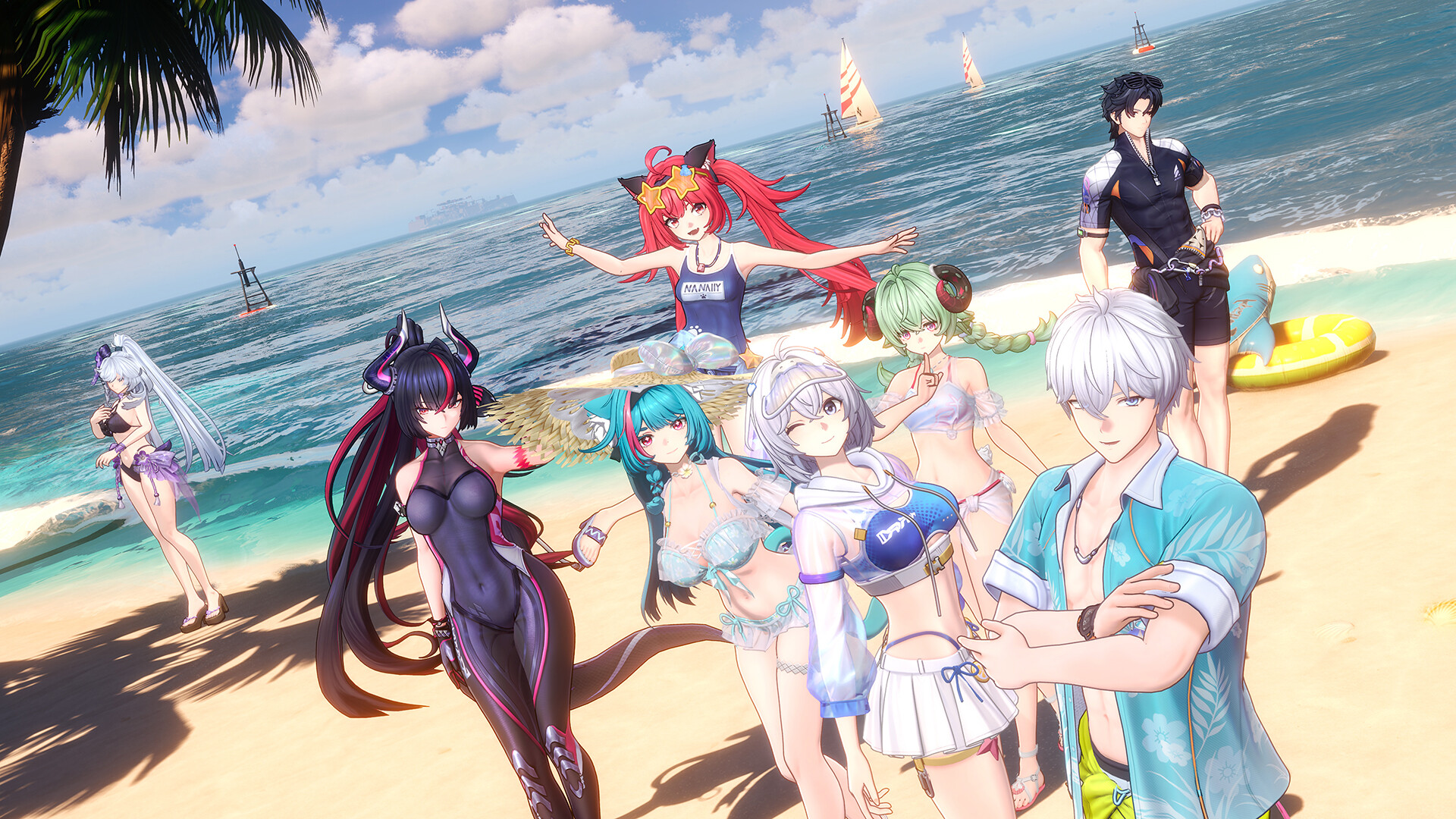 The NTE cast gathered on a sunny beach in summer outfits, with sailboats on the water behind them