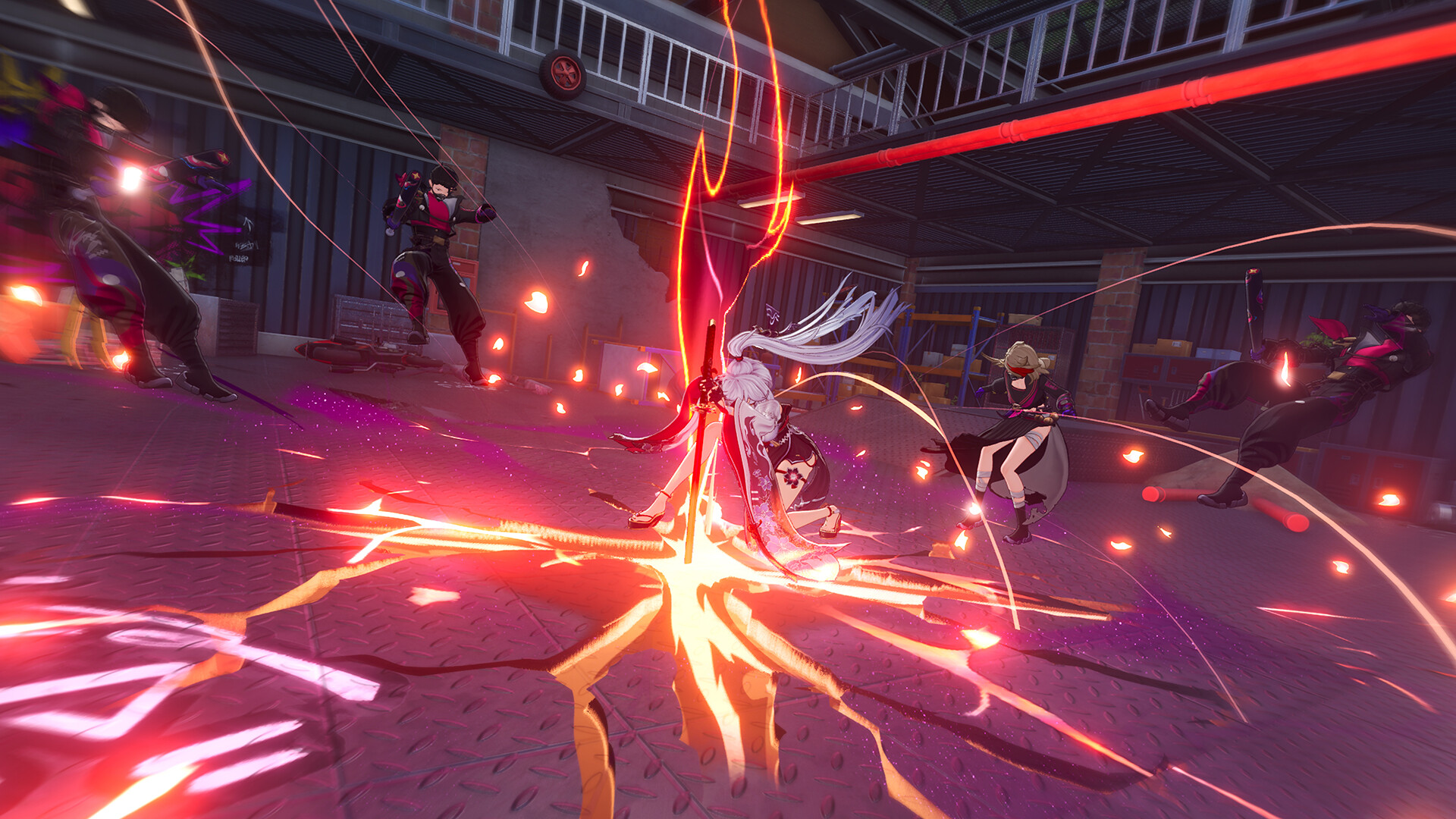 An NTE character unleashing a red energy sword attack that scatters enemies across a warehouse floor