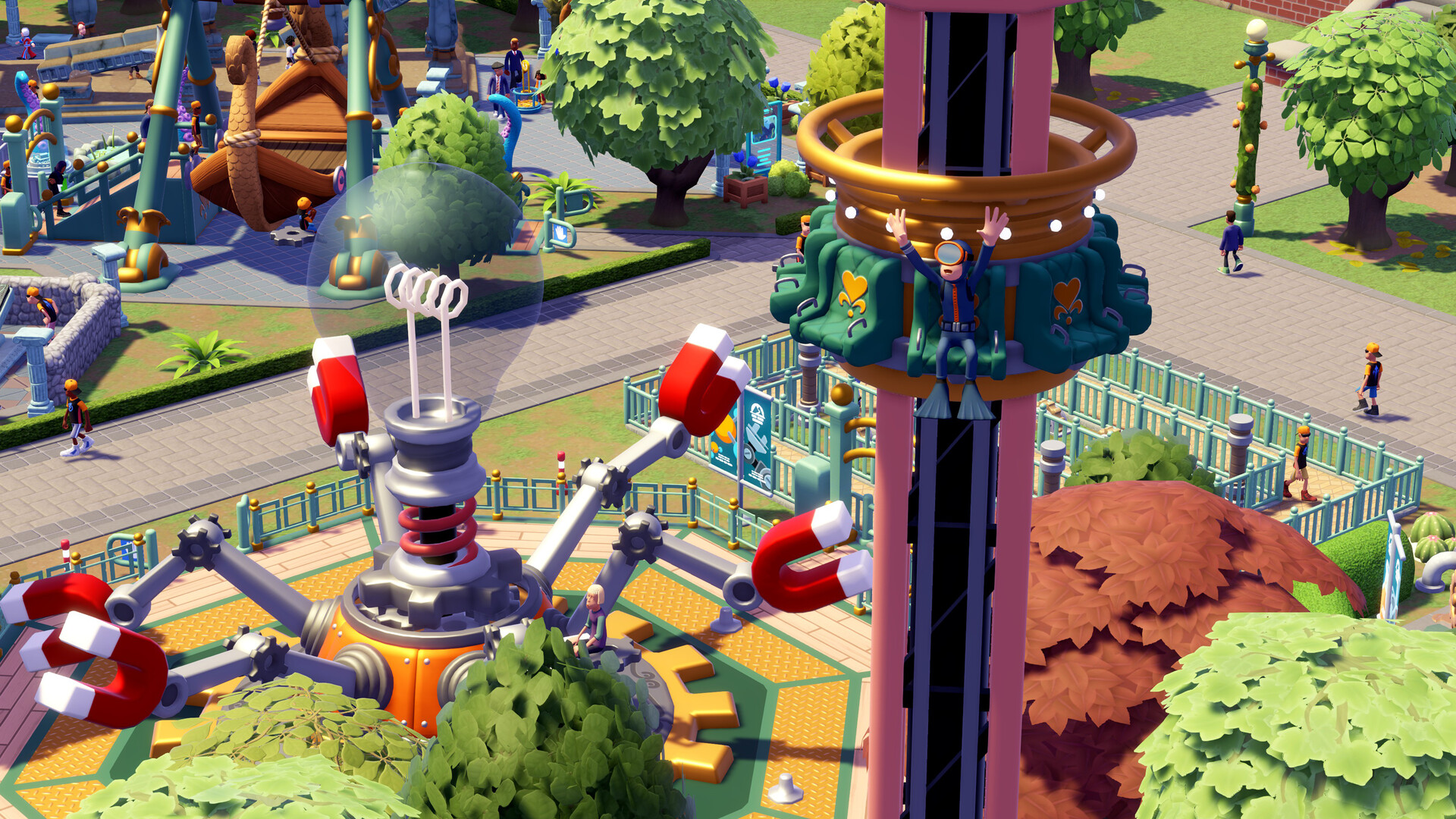 A close view of a Two Point Museum funfair with a magnet-armed spinning ride and a drop tower carrying a cheering guest, surrounded by landscaped paths