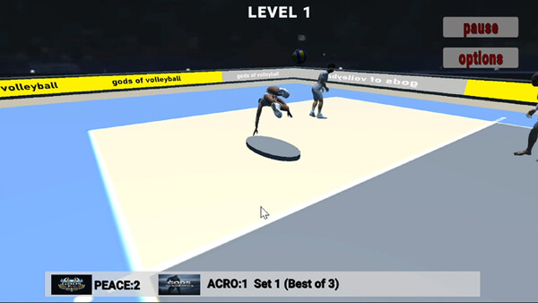 Screenshot of GODS OF VOLLEYBALL gameplay showing in-action mechanics
