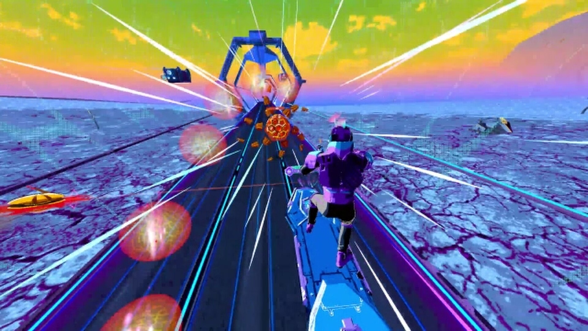 A rider carving down a neon hoverboard track at high speed under a sunset sky in Hyperlane Highway