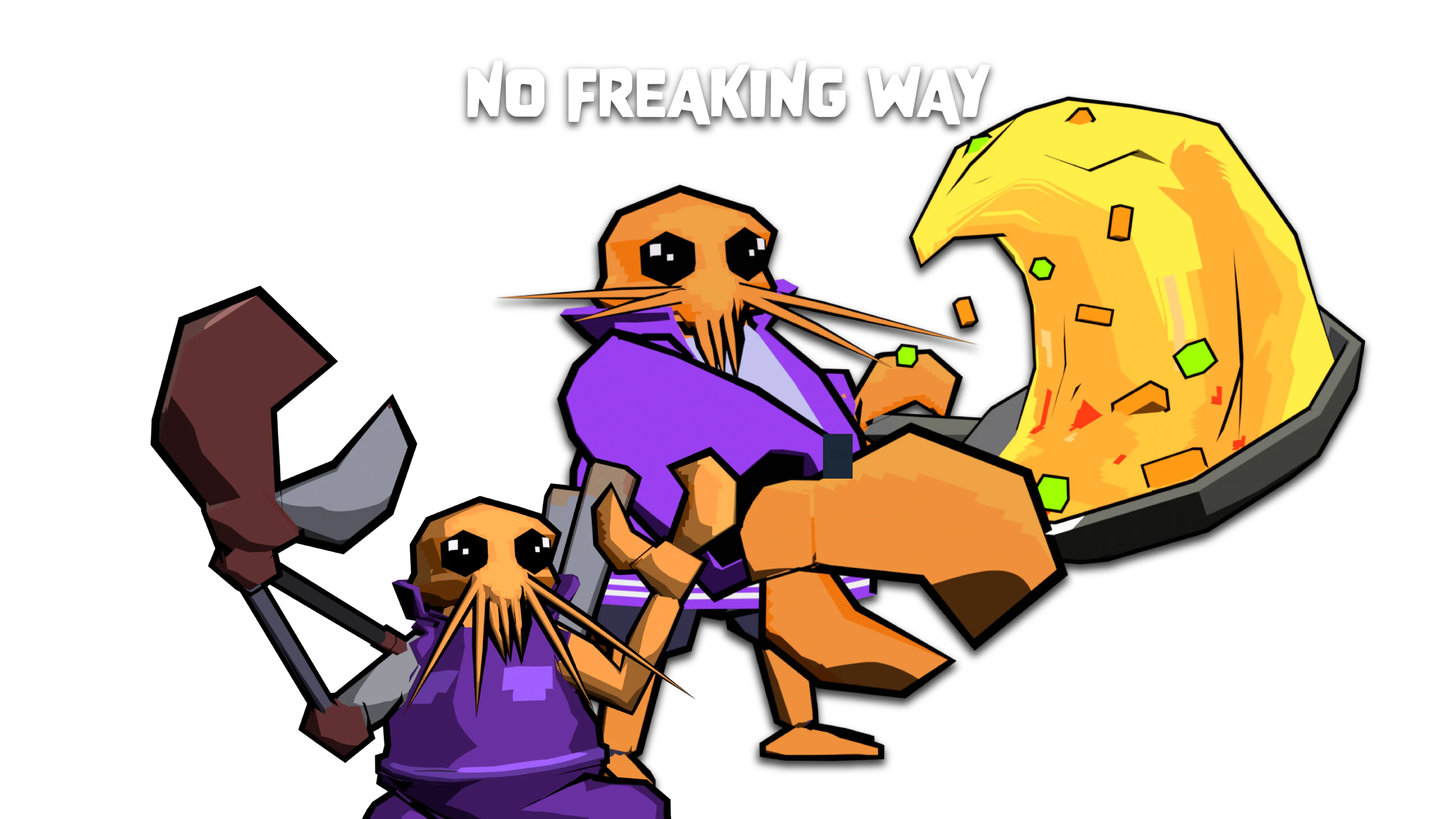 Mechanical Shrimpman holding up both claws in satisfaction in front of Shrimpman in a jacket frying rice.