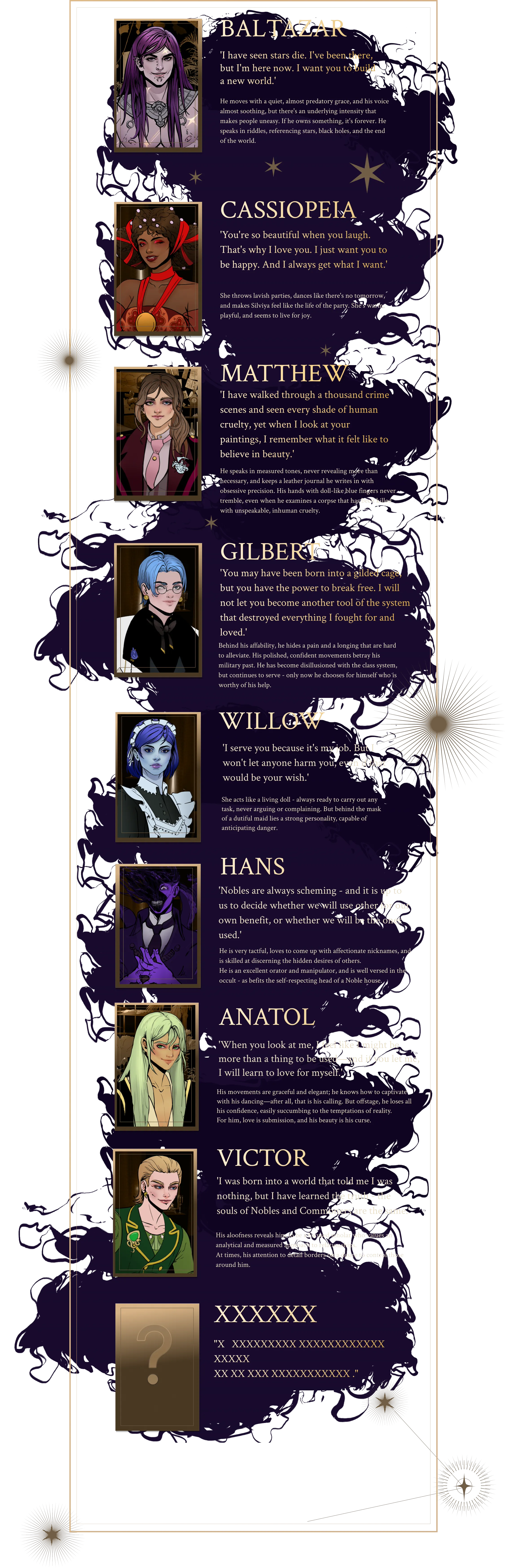 Baltazar, Cassiopeia, Matthew and Gilbert portraits and descriptions
