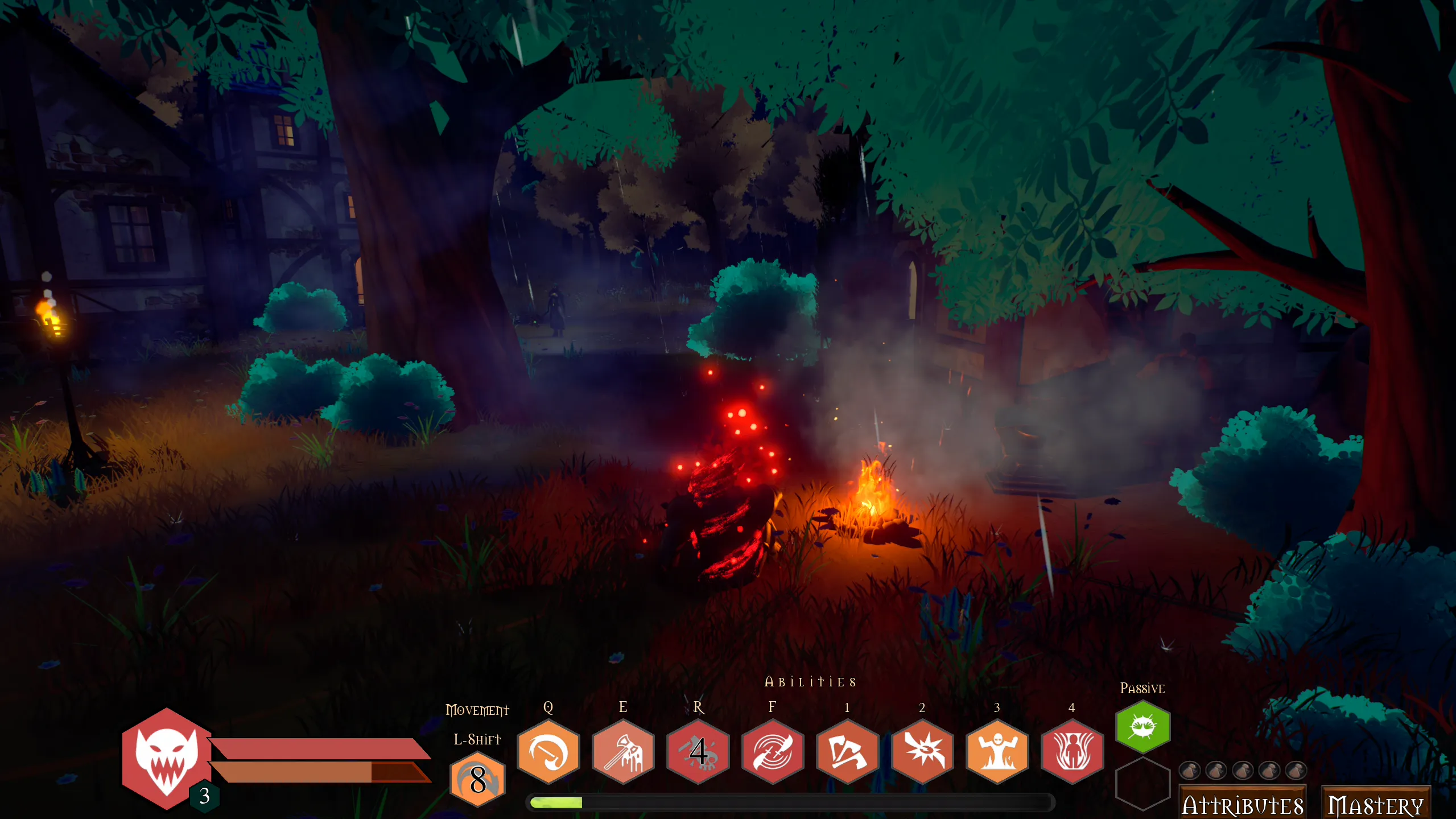 An orc sits by a campfire in the rain, taking in the ambiance and longing for the journey ahead