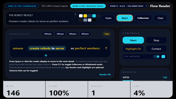 Screenshot of Flow Reader — Speed Reading Trainer gameplay showing in-action mechanics
