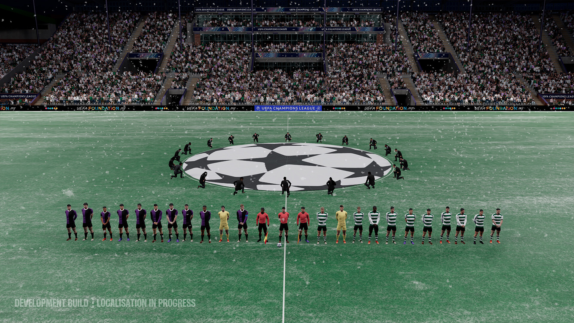 Two teams line up at a snowy Champions League night as staff kneel around the giant starball banner at the centre circle