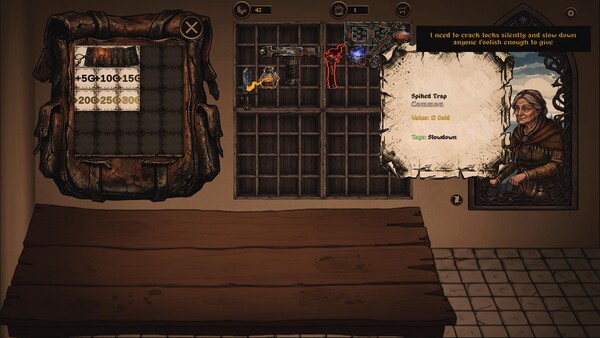 Screenshot of Backpack Alchemist: Medieval Shop Simulator gameplay showing in-action mechanics