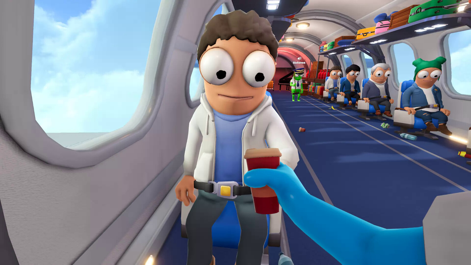 Dear Passengers screenshot: crew members handling an emergency mid-flight