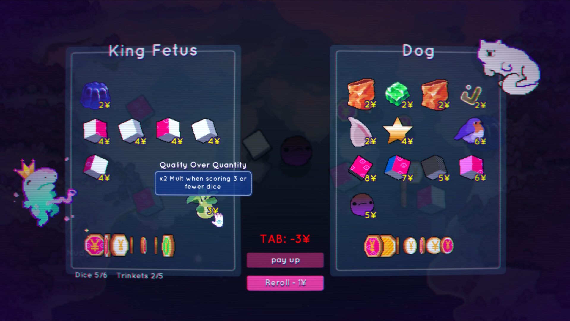 Dice Have No Eyes screenshot showing a shop or trinket selection screen with surreal pixel art icons