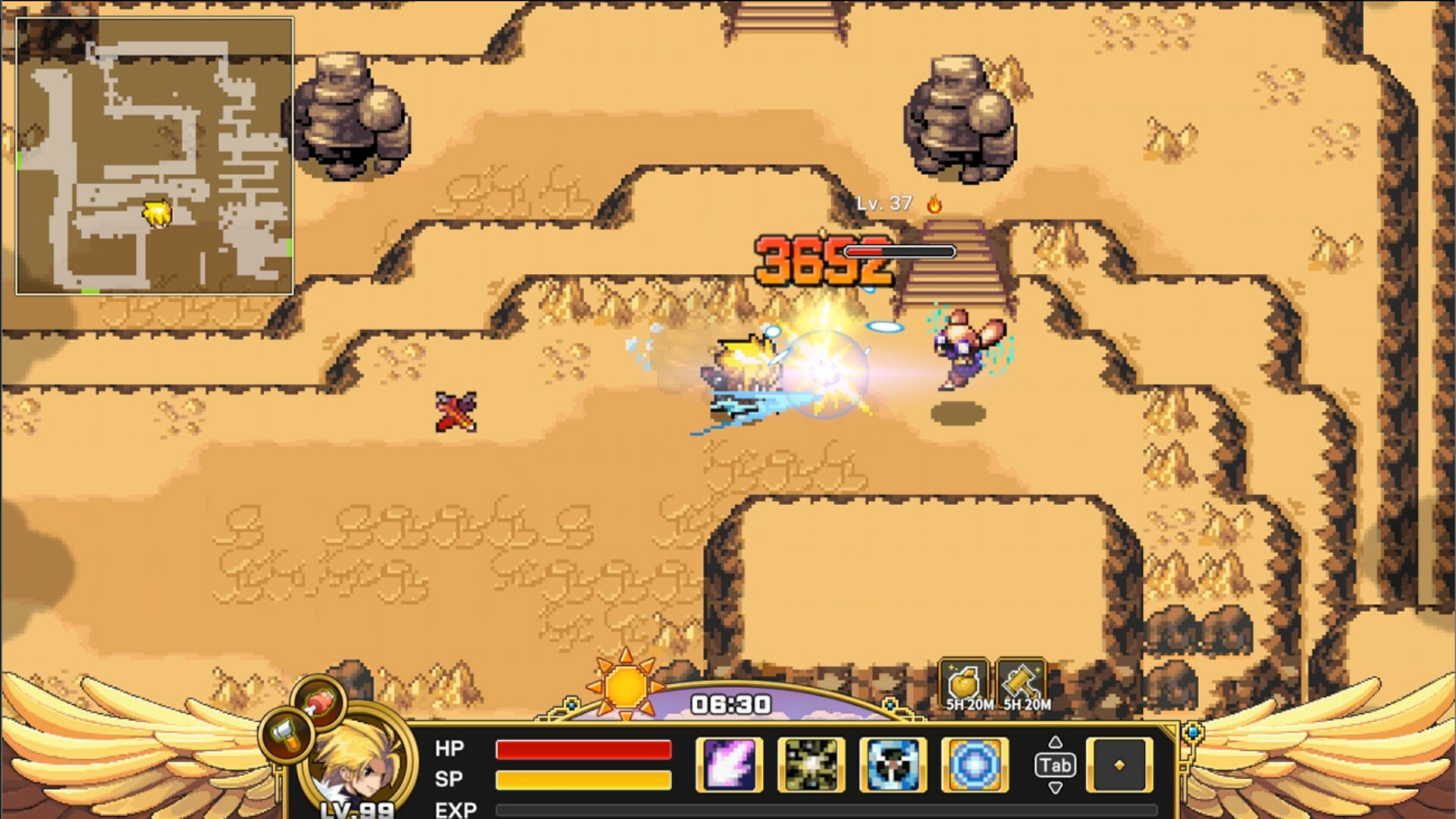 ゼノニア 1 公式スクリーンショット 砂漠のダンジョンでレベル37のボスと交戦し大ダメージを与える戦闘画面