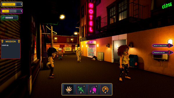 Screenshot of Madame Manager: Velvet Simulation gameplay showing in-action mechanics