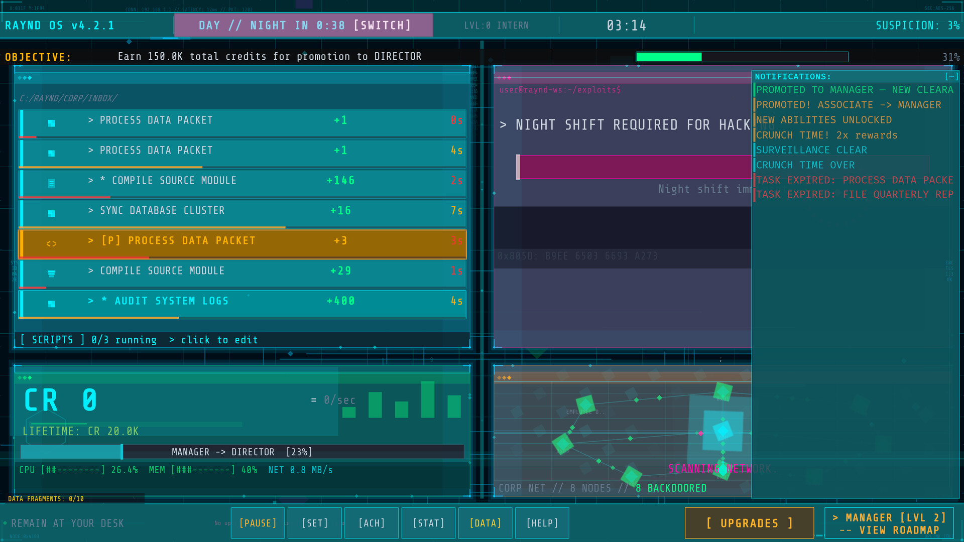 Remain At Your Desk hacking interface with firewall layers and persona selection
