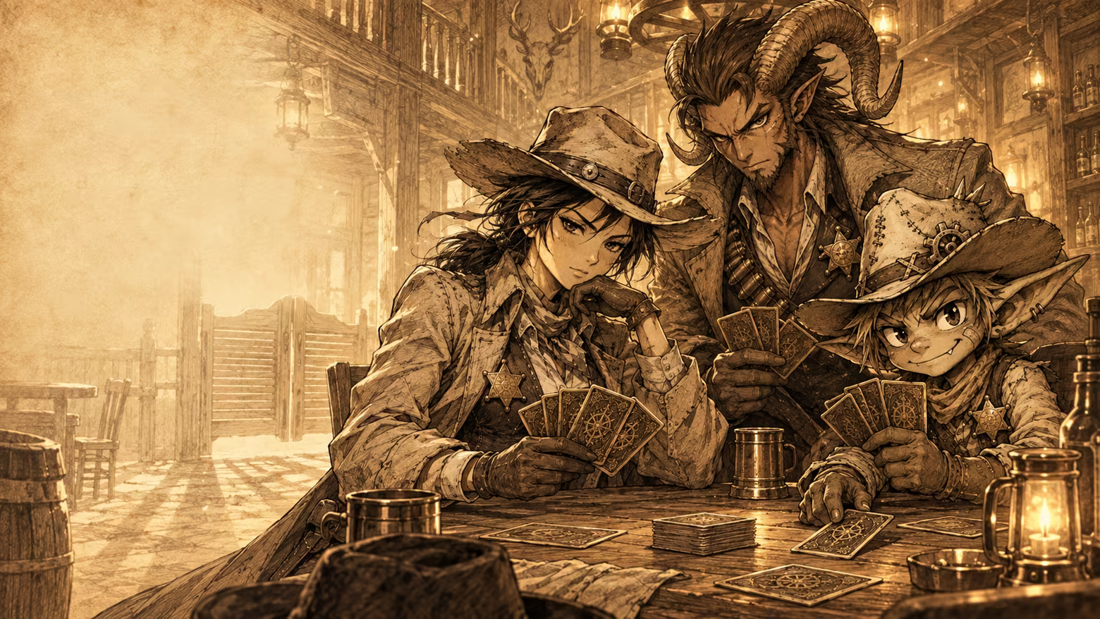 Sepia frontier artwork of a human gunslinger, a horned outlaw, and a gnome gathered around a saloon card table.