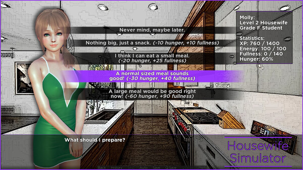 Screenshot of Housewife Simulator gameplay showing in-action mechanics