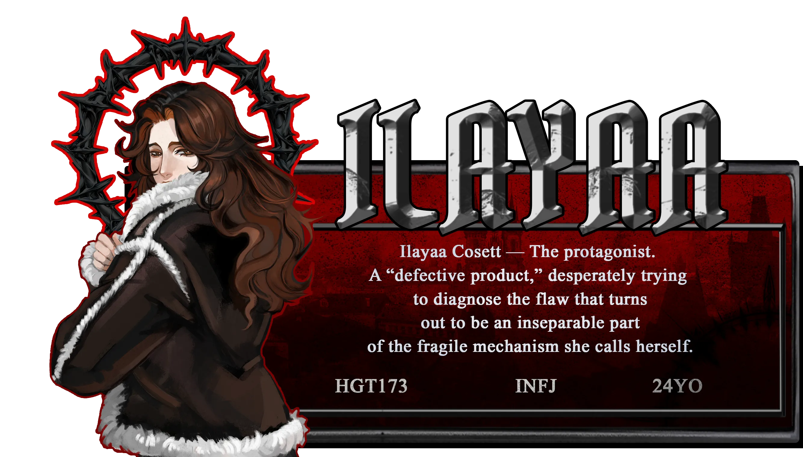 Ilayaa Cosett — The protagonist. A “defective product,” desperately trying to diagnose the flaw that turns out to be an inseparable part of the fragile mechanism she calls herself.