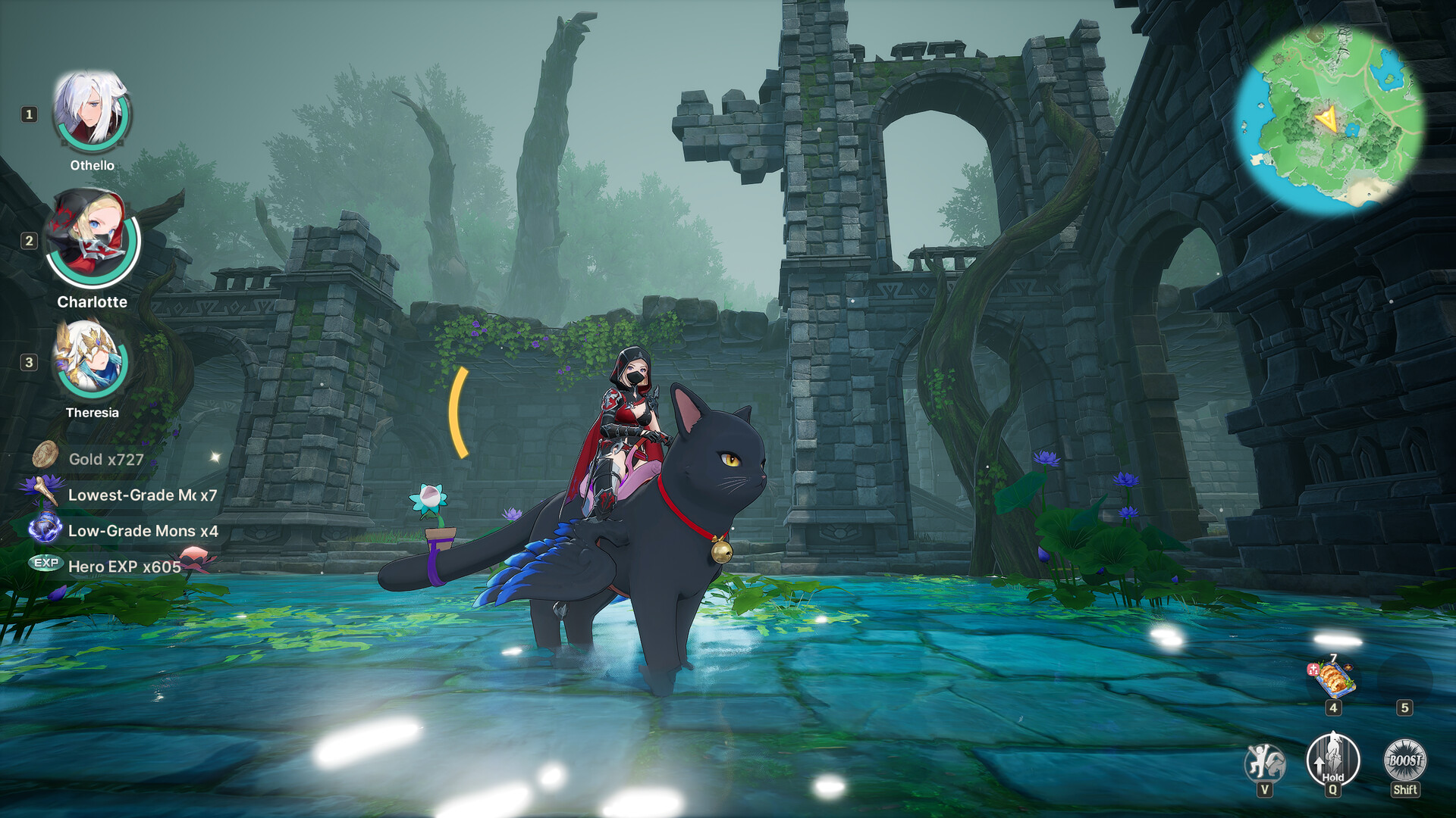 Riding a cat Familiar through flooded ruins in DragonSword: Awakening