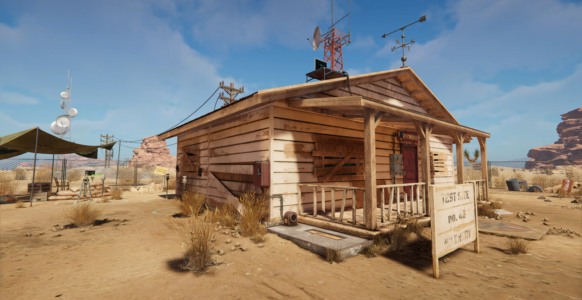 A patched-together wooden desert shelter with satellite dishes and a weather vane, part of The Safe House room in the Apocalypse DLC