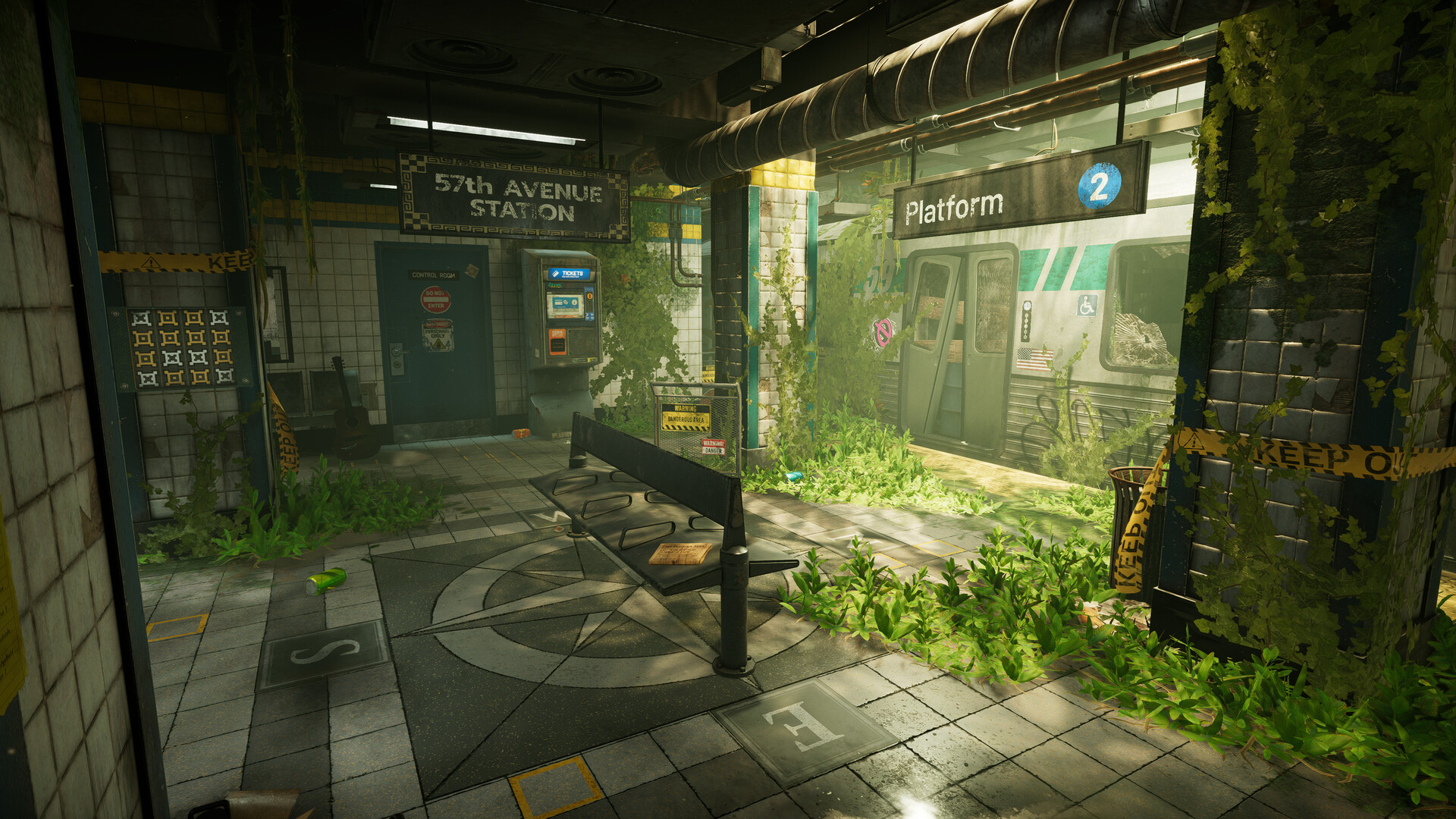 An overgrown, abandoned subway platform called 57th Avenue Station, with vines covering the tiled walls and a wrecked train on the tracks