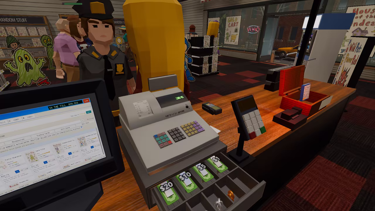 Cash drawer open mid-sale behind the register, customers at the counter.