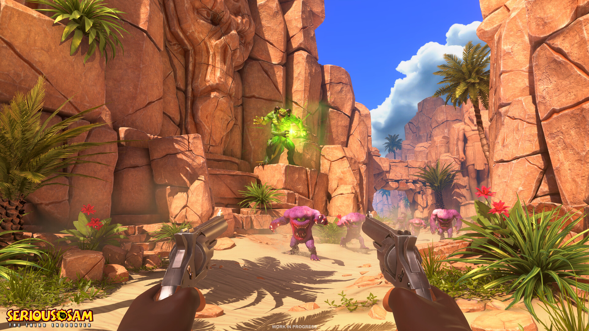 First-person view of Sam firing twin revolvers at a horde of pink one-eyed Gnaar and a green Kleer-like monster in a sunlit desert canyon