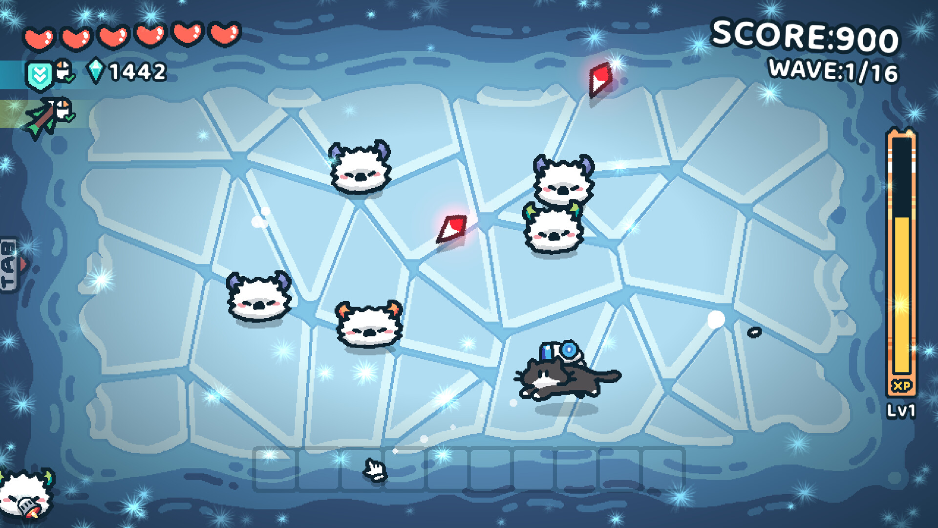 なでねこ 公式スクリーンショット 氷雪をテーマにしたステージで白い敵に囲まれる猫キャラクター