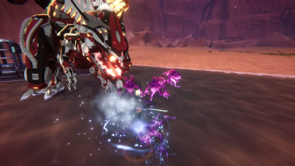 A towering alien war machine looms over the player in a ruined canyon on a fallen Earth