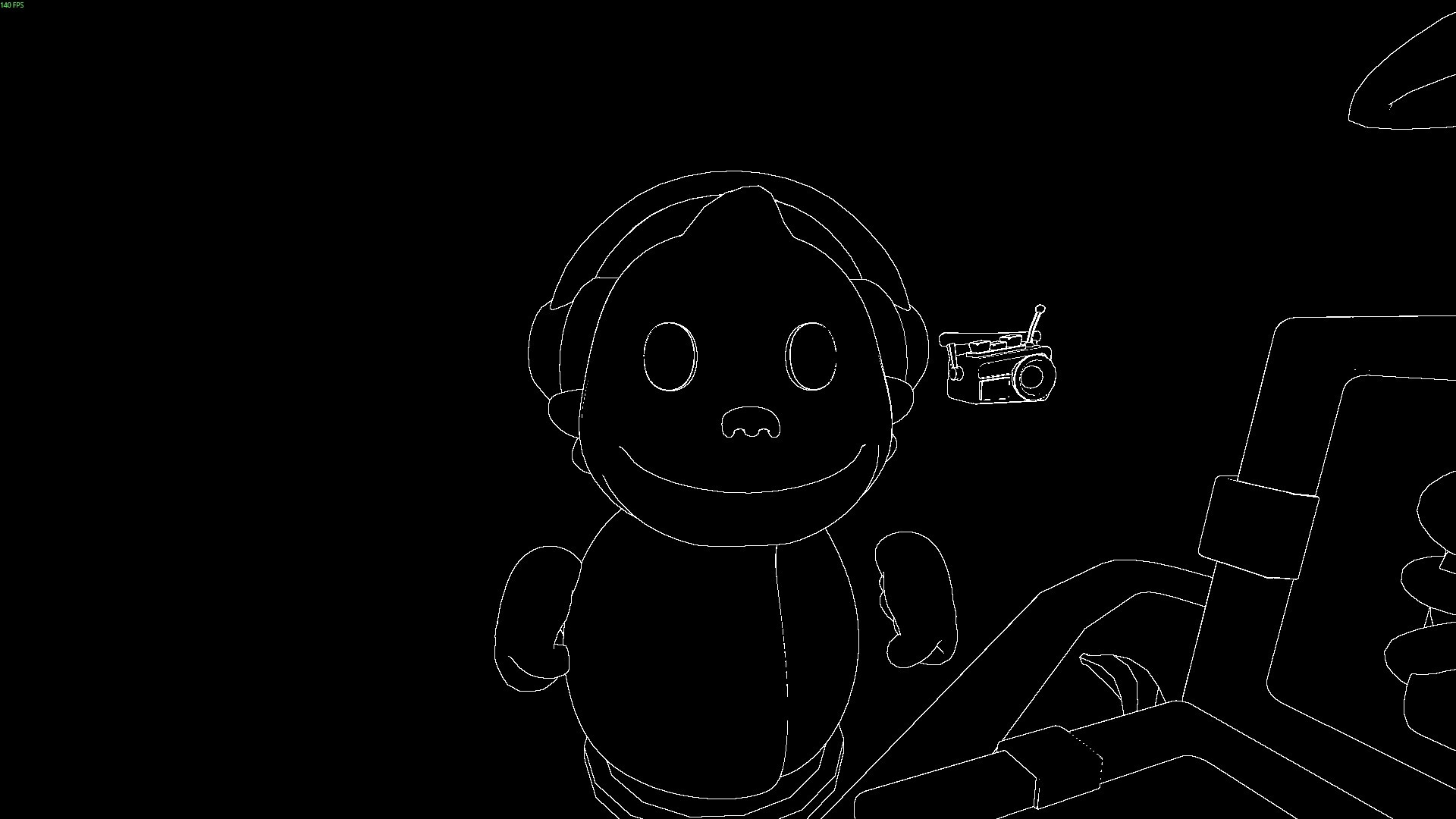 The blind monkey's view of a teammate in headphones, drawn as white outlines on black