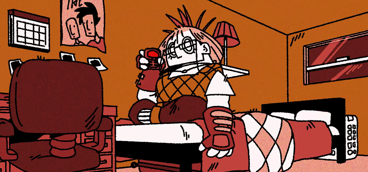 An animation of Louis sitting on his bed. The camera zooms into his phone screen, which is colored bright red.