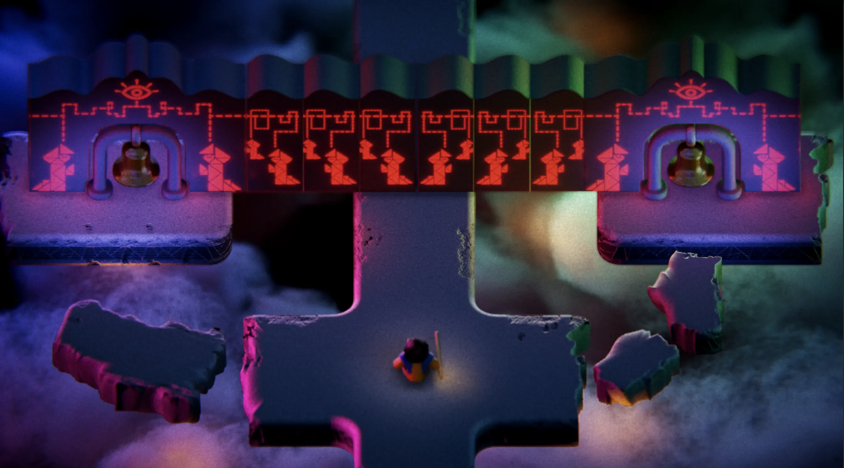 The player character on a crumbling walkway above a mysterious void. Below, lights flicker beneath a shroud of mist. Ahead lies a strange gateway with red glowing figures on it. Are the figures kneeling in prayer or subjugation? It's hard to say. At either end of the gate sit two gold mission-style bells.