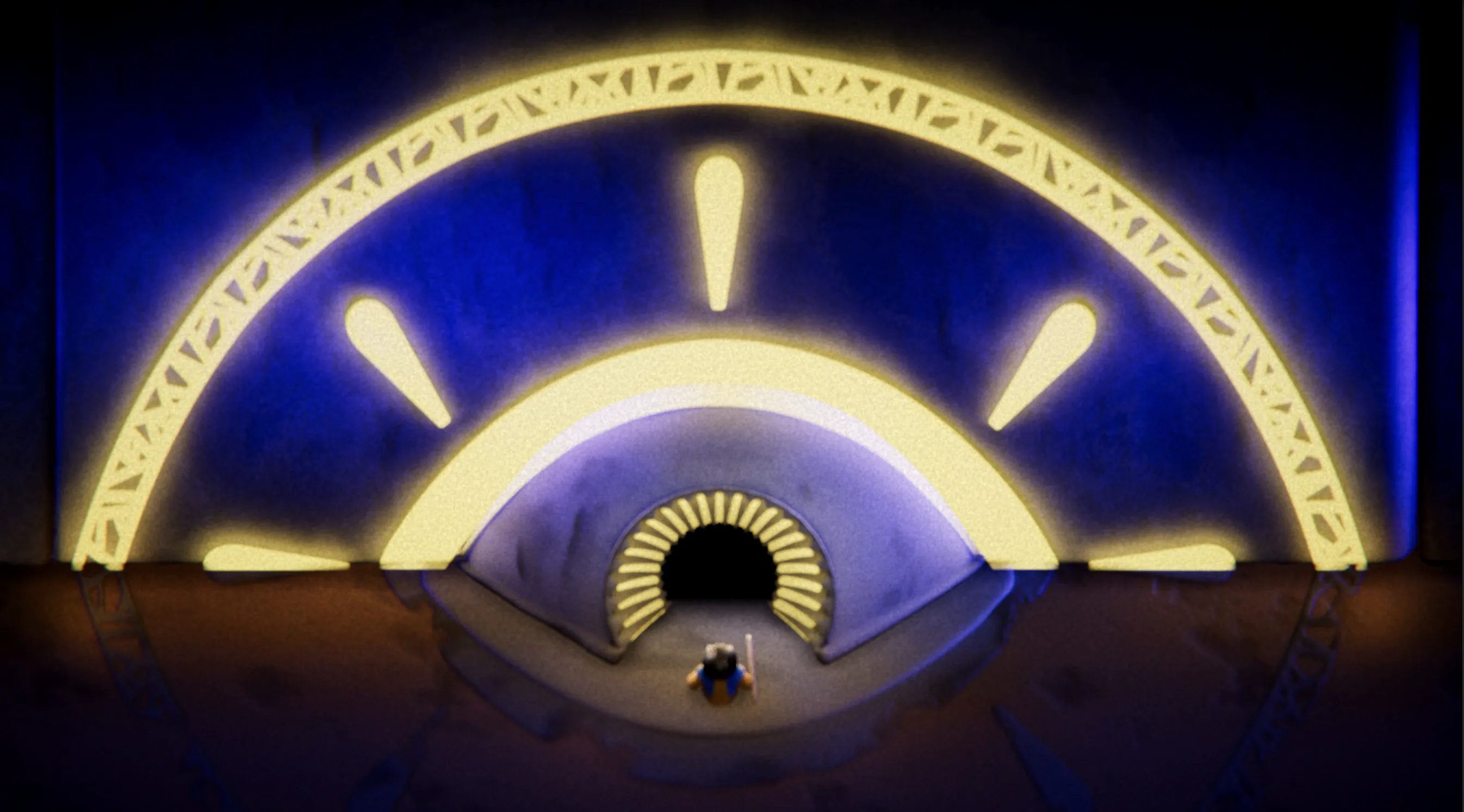 Image of the player character in front of a massive doorway in the shape of en eye. The pupil is the entrance. The iris and outside of the eye glow with a mystical golden light.