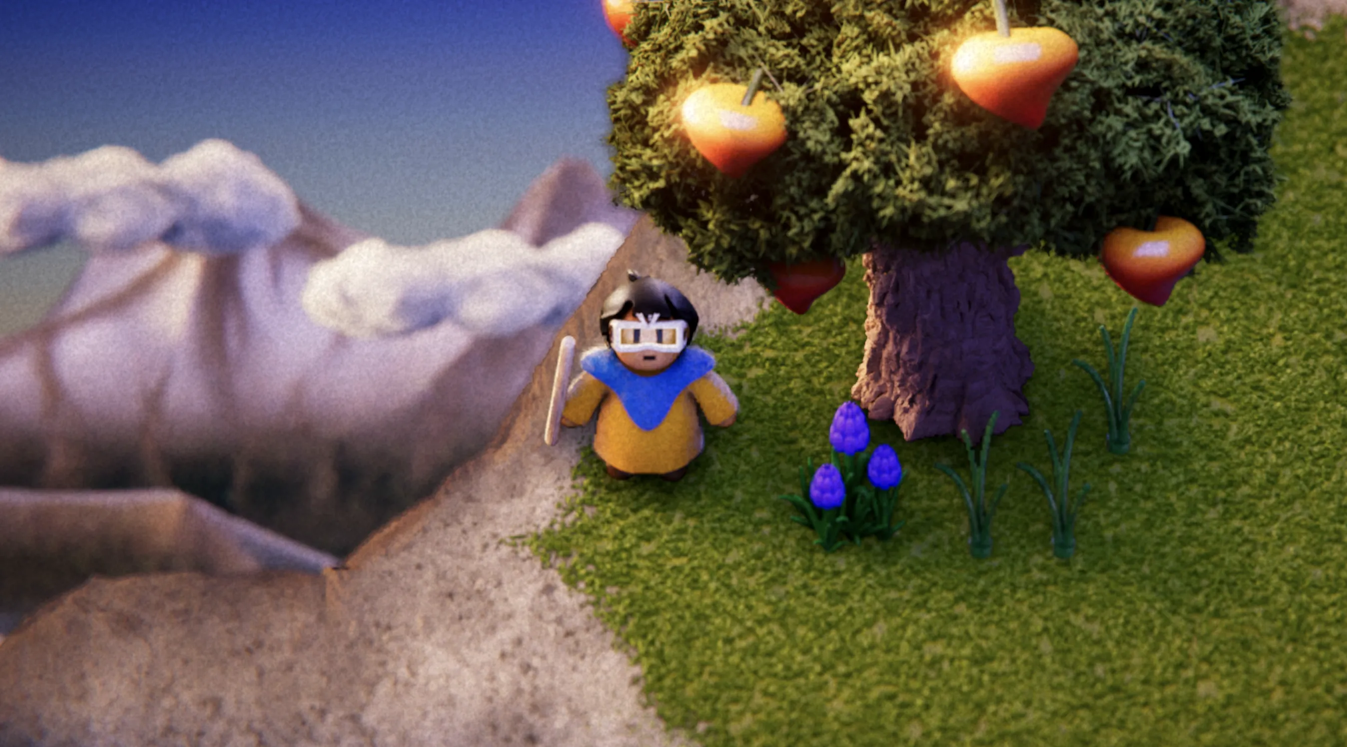 The player character, Ou, next to a fruit tree. The fruits are large and luscious, shaped like turnips but the color of Rainier cherries. There is a small grape hyacinth at the foot of the tree. Behind the player, a cliff gives way to a view of mountains and cotton ball clouds in the distance.